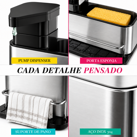 Dispenser de Detergente Premium Inox com Suporte de Esponja para Pia