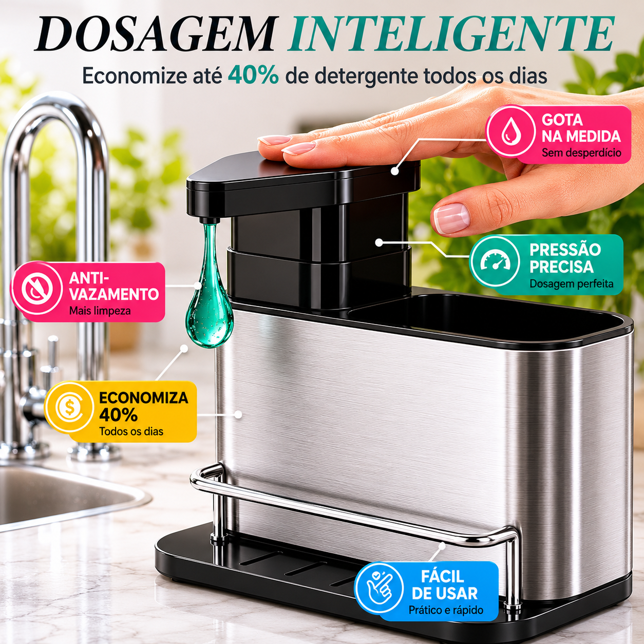 Dispenser de Detergente Premium Inox com Suporte de Esponja para Pia