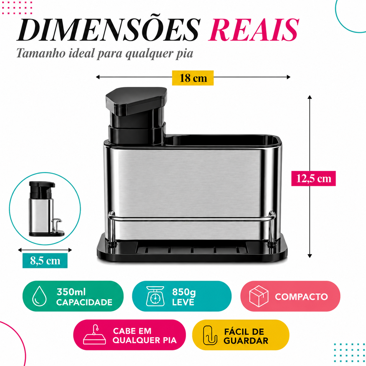 Dispenser de Detergente Premium Inox com Suporte de Esponja para Pia